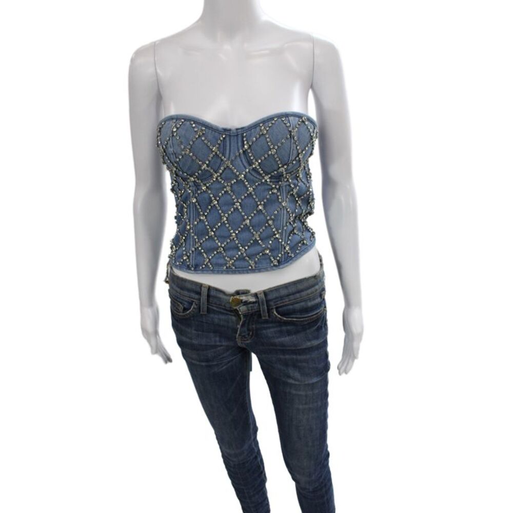 Designer Womens Cotton Denim Rhinestone Zipper Corset Blue Size s
